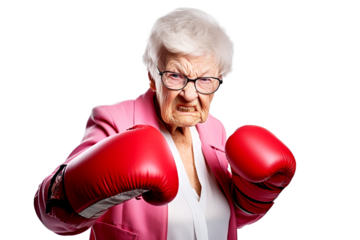 Angry old woman in red boxing gloves on a transparent background