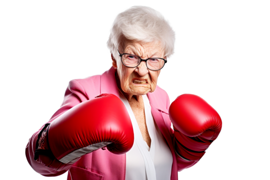 Angry old woman in red boxing gloves on a transparent background