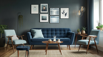 sofa in a room with a frame, living room interior with sofa, modern living room with fireplace, modern living room with sofa, living room interior, modern living room, blue furniture, 