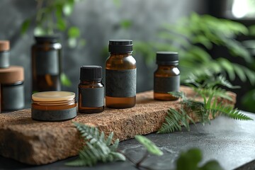 Simple, eco-friendly empty mockup packaging of skincare products on a smooth, stone surface