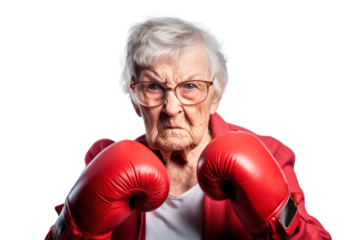 Angry old woman in red boxing gloves on a transparent background