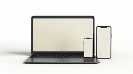 Modern laptop mockup front view and high quality smartphone and tablet mockup isolated on white background. Notebook mockup and phone device mockup for ui ux app and website  