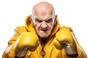 Angry old man in yellow boxing gloves on a transparent background