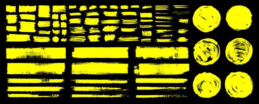 Straight marker line vector strokes. Yellow hand drawn stripes, circles. Text highlighter pen marker, brush, underlines strokes. Rough grunge thick paint line texture. Vector grungy sketch text boxes