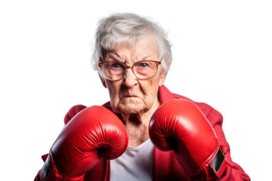 Angry old woman in red boxing gloves on a transparent background