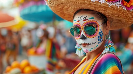 Obraz premium Woman with skull face design. Carnival make up. Katrina. Symbol of Day of the Dead. Celebration of Remembrance Day. Dia de muretos.