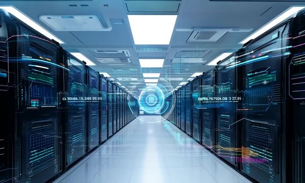Digital Brain of the Future: A sprawling server room hums with activity, illuminated by rows of data servers and holographic projections, embodying the heart of modern technology. 