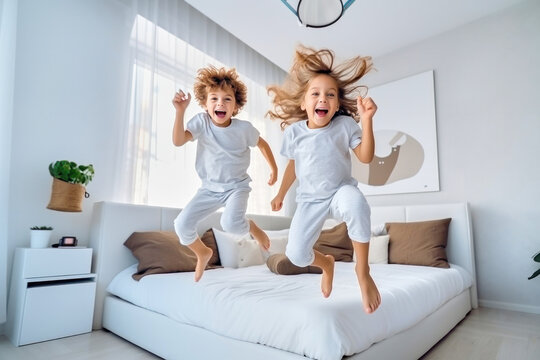 Satisfied laughing amused children jumping on the bed together, happy carefree childhood