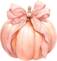 Watercolor Pumpkin With Pink Bow. Generative AI.