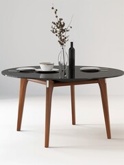 Fototapeta premium Elegant Contemporary Table with Black Mirror Top and Wooden Legs in Luxurious Setting - High-Resolution Photorealistic Rendering