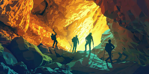 Naklejka premium Hidden Cave Treasures: Explorers finding ancient artifacts and treasures buried in a cave.