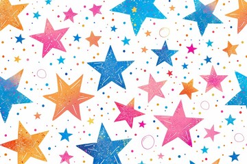 Colorful star pattern with different sizes and colors of stars on a white background.