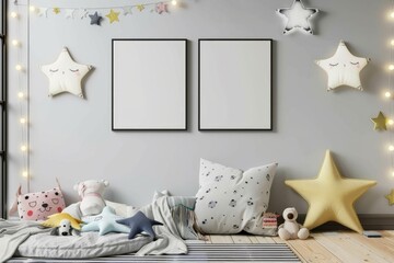 Cozy Child's Bedroom with Blank Frame and Soft Toys in Pastel Theme