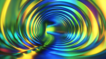 Glowing multicolored stripes with neon lines create a volumetric colored tunnel in the form of a funnel in an abstract futuristic space. Concept of digital space and data transfer