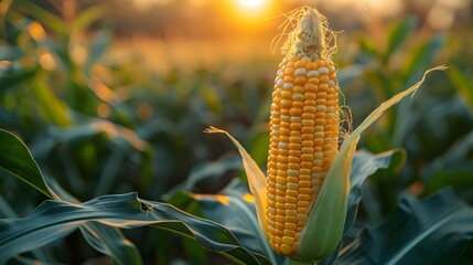 Ears of corn on natural, Fresh corn on tree with sunlit background, Close-Up of corn on tree in nature.