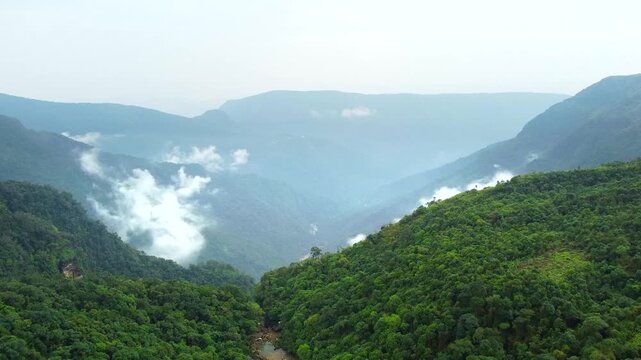 Aerial view of meghalaya cherrapunji near dainthlen falls and wei sawdong falls in India. The beautiful landscape view of east khasi hills cherrapunji mawsynram reserve forest in meghalaya India.