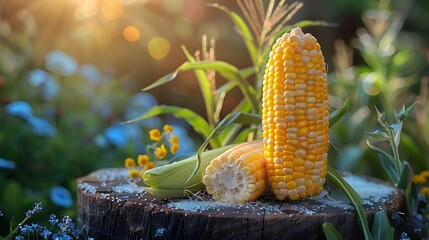 Ears of corn on natural wooden surface, Fresh corn on tree stump with sunlit background, Close-Up of corn on tree stump in nature.