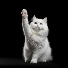 Persian cat sitting, raising its paw to high five, isolated on a black background, in the style of high resolution photography.