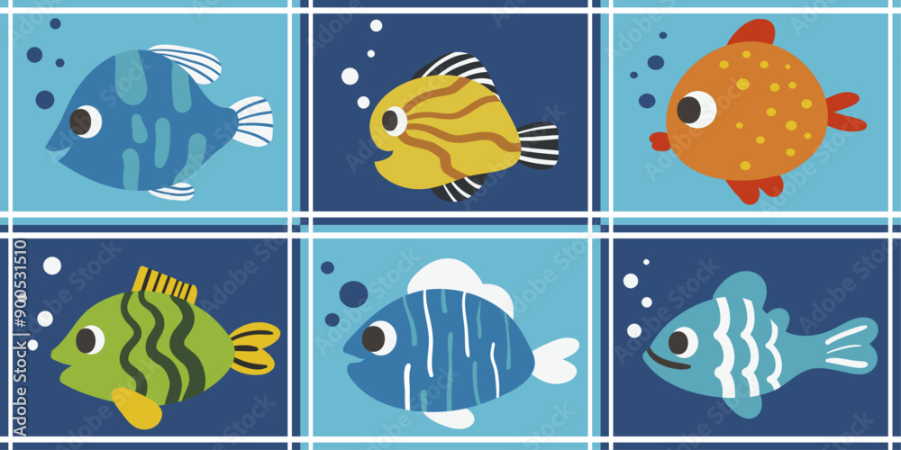 Poster Tile pattern with fish. Vector pattern with fish alternating on tiles.