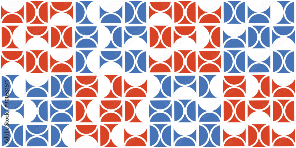 Poster Abstract geometric pattern of semicircles and large blocks of red or blue.