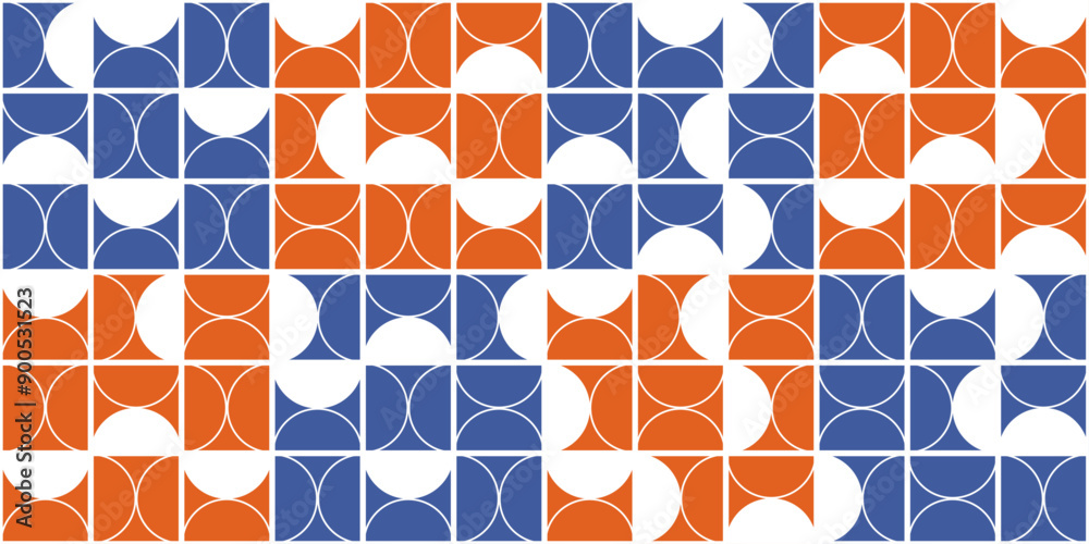 Poster Abstract geometric pattern of semicircles and large blocks of orange or blue.