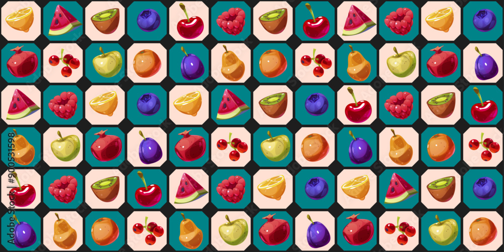 Poster checkerboard delicious and juicy pattern of cells with fruits. tablecloth with fruits, checkered che