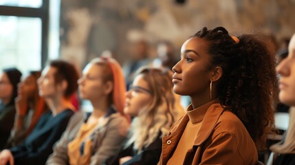 Thoughtful young woman listening to a lecture in a conference room full of people.
