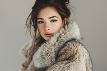 A woman in a luxurious fur coat posing for a photo, suitable for fashion or lifestyle imagery