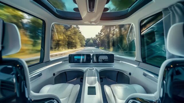 Experience the future of travel with 4K footage showcasing an autonomous vehicle's sleek interior gliding through a tree-lined road, with no driver at the wheel