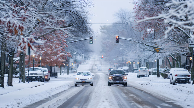 Snow-covered street with cars moving cautiously, capturing the essence of a serene winter scene.