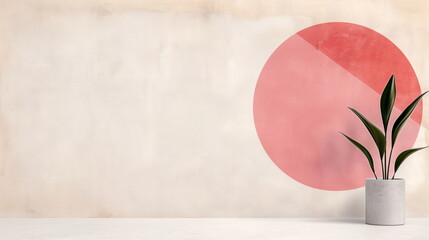 Minimalist Interior With Pink Circle Wall Art And Green Potted Plant In Rustic Pot, Modern Home Decor, Contemporary Design For Stylish Living Spaces