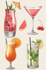 set with cocktails in watercolor style. Cocktails with fruits and berries