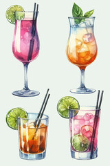 set with cocktails in watercolor style. Cocktails with fruits and berries