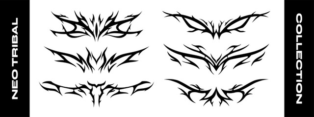 Neo tribal y2k set collection. Symmetrical sigilism clip art. Gothic illustration element for fashion clothing, tattoo, poster