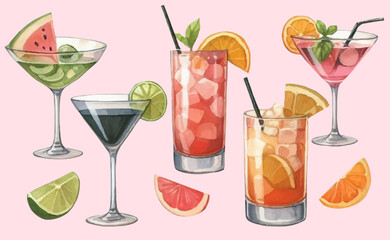 set with cocktails in watercolor style. Cocktails with fruits and berries