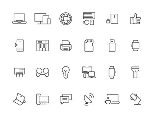 Device and technology line icon set. Electronic devices and gadgets, computer, equipment and electronics. Computer monitor, smartphone, tablet and laptop simple icon collections