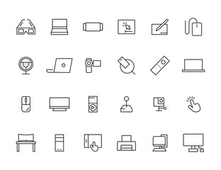 Device and technology line icon set. Electronic devices and gadgets, computer, equipment and electronics. Computer monitor, smartphone, tablet and laptop simple icon collections