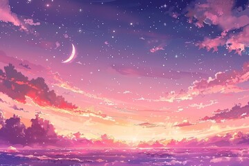 Beautiful pink and purple sunset sky with crescent moon and scattered stars over the ocean, creating a dreamy and serene atmosphere.