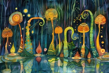 Fototapeta premium Colorful abstract forest of whimsical, glowing mushroom shapes reflecting in a water body, with dark, enchanted woods in the background.
