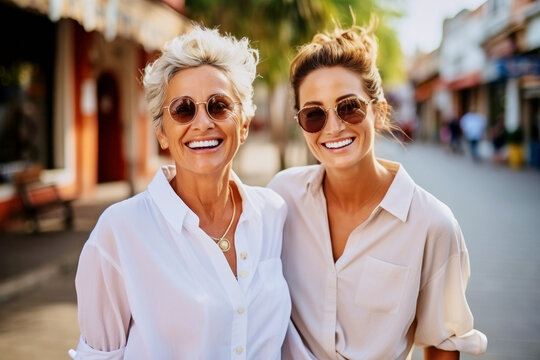 Happy laughing fashionable mature mom and adult daughter, gorgeous stylish women together