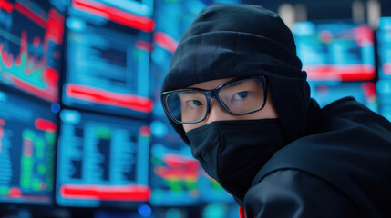 A masked hacker with glasses works on multiple screens filled with data, emphasizing the theme of cyber threats and the need for cybersecurity.