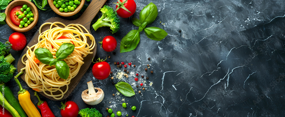 Wall mural Food themed background: pasta and salad