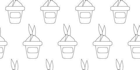 Flower Bulb in Pot Seamless pattern. Linear or Outline Vector illustration. Floral Background for Spring Wallpaper, Table Cover Print, Coloring Book. Gardening and Flower Growing Concept.