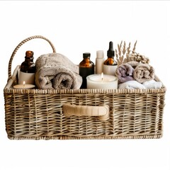 Obraz premium Medium shot of a a A spa basket with towels, candles and essential oils, isolated on a solid white background, bright and vivid tonality, in the style of product photography.