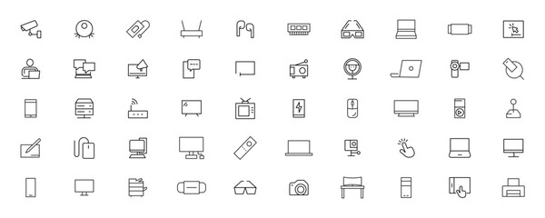 Device and technology line icon set. Electronic devices and gadgets, computer, equipment and electronics. Computer monitor, smartphone, tablet and laptop simple icon collections