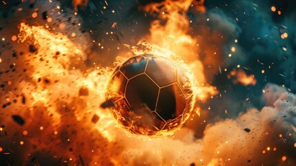 Fototapeta premium Soccer ball in mid-air surrounded by dramatic explosions and fire, capturing intense action with smoke and sparks