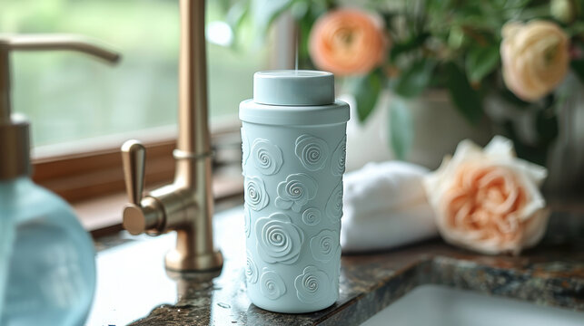 A blue container with a floral design sits on a counter next to a sink. The sink is made of granite and has a gold faucet. There are also some flowers in the background