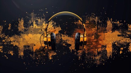 Golden Headphones on a Black and Gold Background