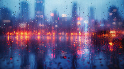 Fototapeta premium A blurry cityscape with raindrops on the window. The city lights are reflected in the water, creating a dreamy and romantic atmosphere