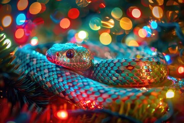 Fototapeta premium Serene Snake Amidst Twinkling Fairy Lights and Spruce Branches
